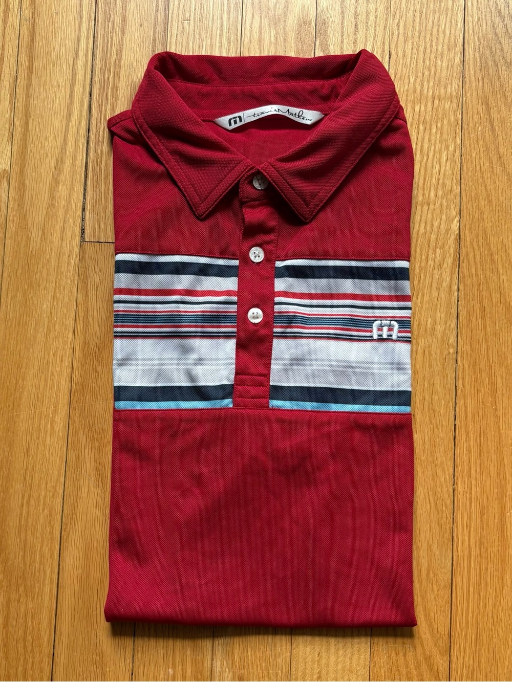 Travis Mathew Men’s Short Sleeve Performance Polo Large Red White Blue Stripes